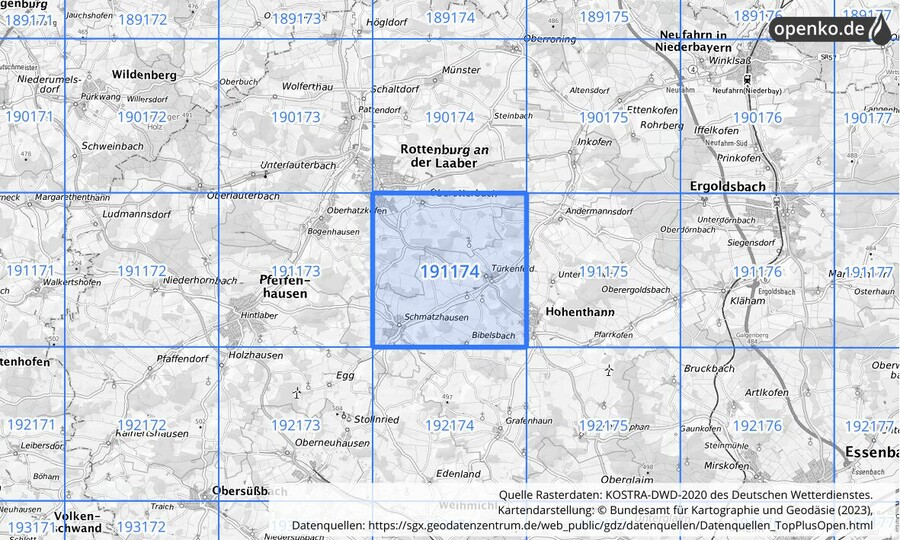 Übersichtskarte des KOSTRA-DWD-2020-Rasterfeldes Nr. 191174