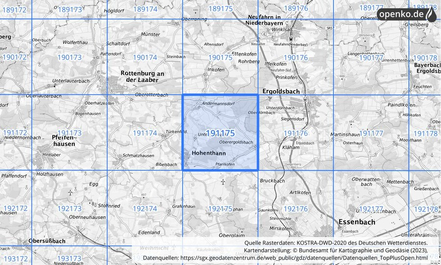 Übersichtskarte des KOSTRA-DWD-2020-Rasterfeldes Nr. 191175
