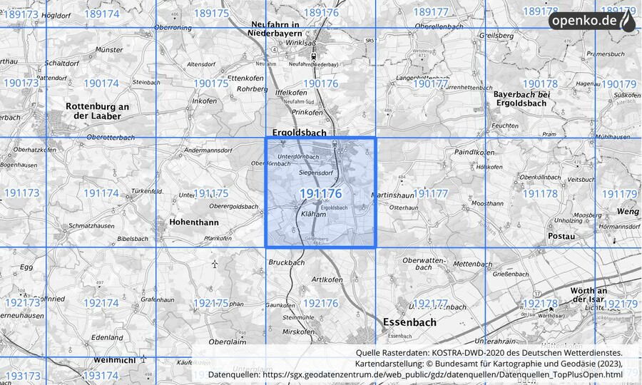 Übersichtskarte des KOSTRA-DWD-2020-Rasterfeldes Nr. 191176