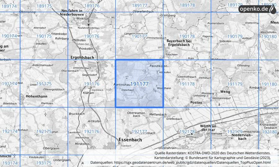 Übersichtskarte des KOSTRA-DWD-2020-Rasterfeldes Nr. 191177
