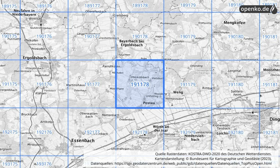 Übersichtskarte des KOSTRA-DWD-2020-Rasterfeldes Nr. 191178