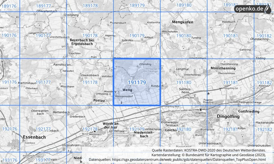 Übersichtskarte des KOSTRA-DWD-2020-Rasterfeldes Nr. 191179