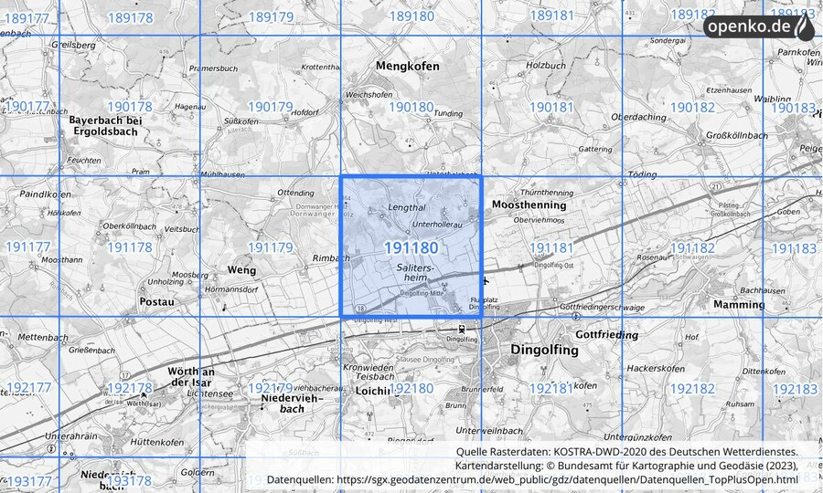 Übersichtskarte des KOSTRA-DWD-2020-Rasterfeldes Nr. 191180