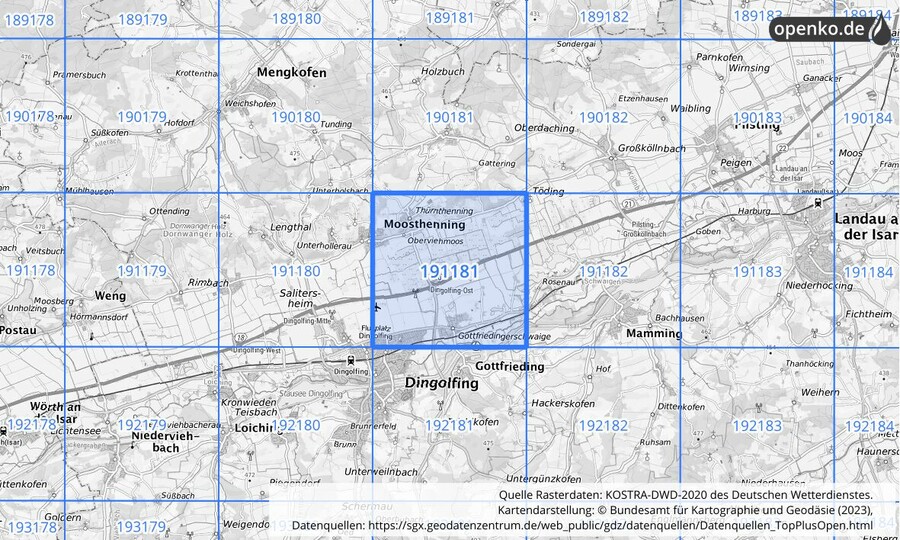 Übersichtskarte des KOSTRA-DWD-2020-Rasterfeldes Nr. 191181