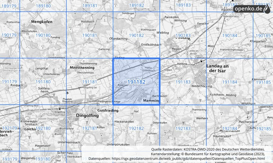 Übersichtskarte des KOSTRA-DWD-2020-Rasterfeldes Nr. 191182