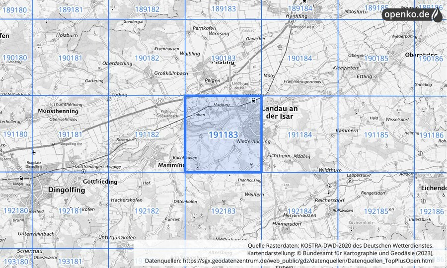 Übersichtskarte des KOSTRA-DWD-2020-Rasterfeldes Nr. 191183