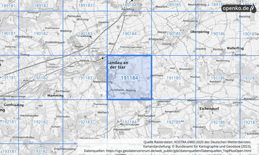 Übersichtskarte des KOSTRA-DWD-2020-Rasterfeldes Nr. 191184