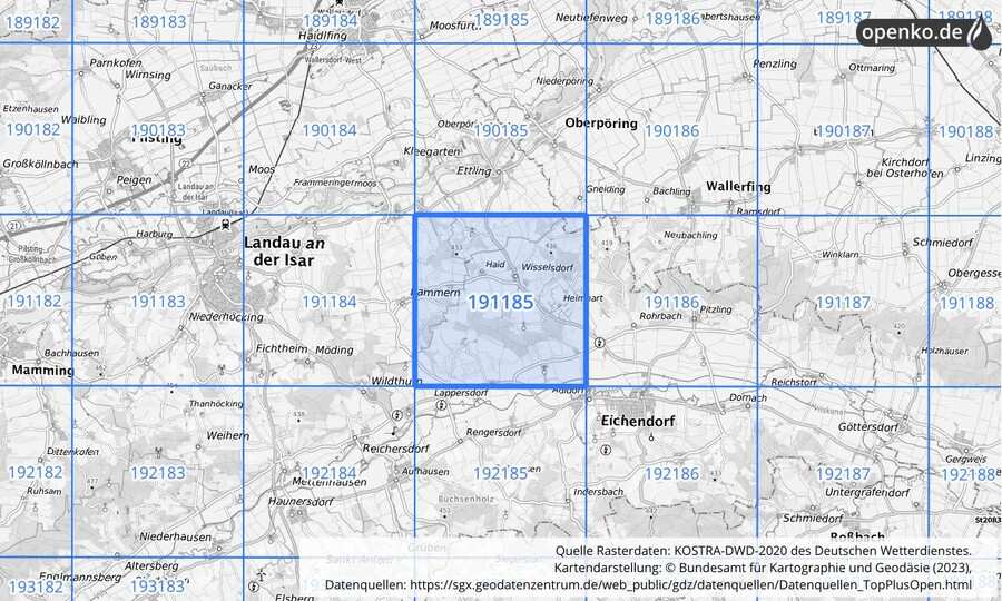 Übersichtskarte des KOSTRA-DWD-2020-Rasterfeldes Nr. 191185