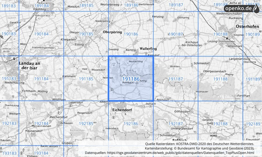 Übersichtskarte des KOSTRA-DWD-2020-Rasterfeldes Nr. 191186