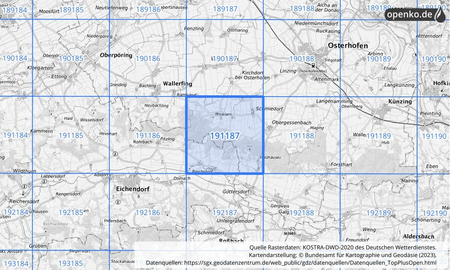 Übersichtskarte des KOSTRA-DWD-2020-Rasterfeldes Nr. 191187