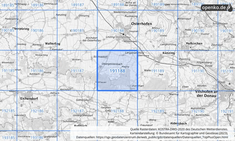 Übersichtskarte des KOSTRA-DWD-2020-Rasterfeldes Nr. 191188