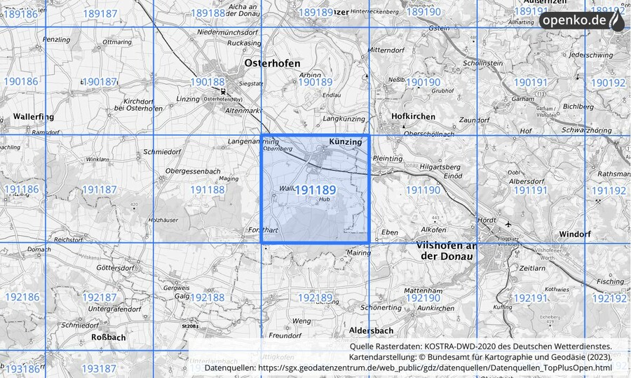 Übersichtskarte des KOSTRA-DWD-2020-Rasterfeldes Nr. 191189
