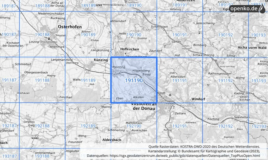 Übersichtskarte des KOSTRA-DWD-2020-Rasterfeldes Nr. 191190