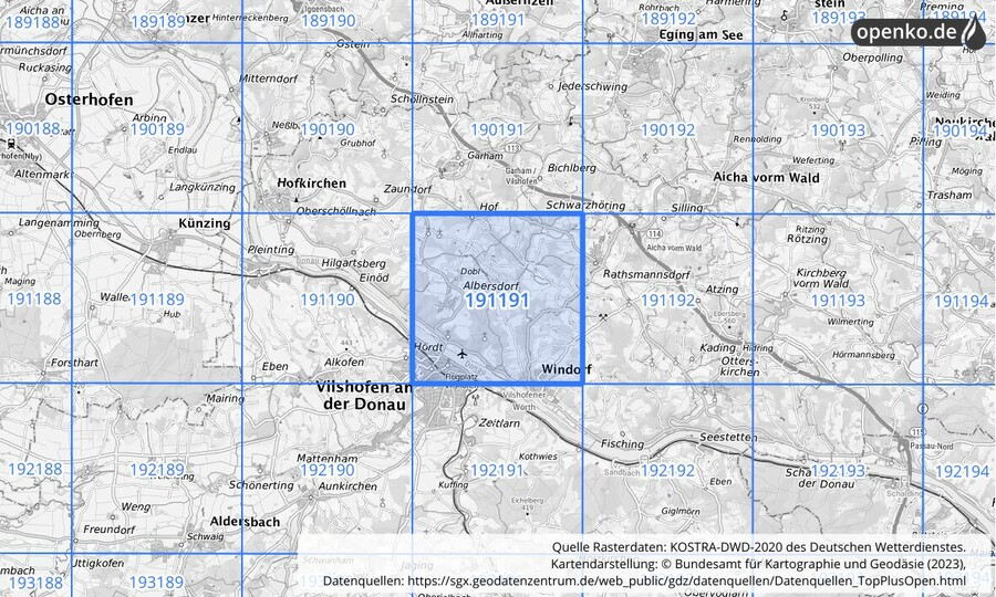 Übersichtskarte des KOSTRA-DWD-2020-Rasterfeldes Nr. 191191