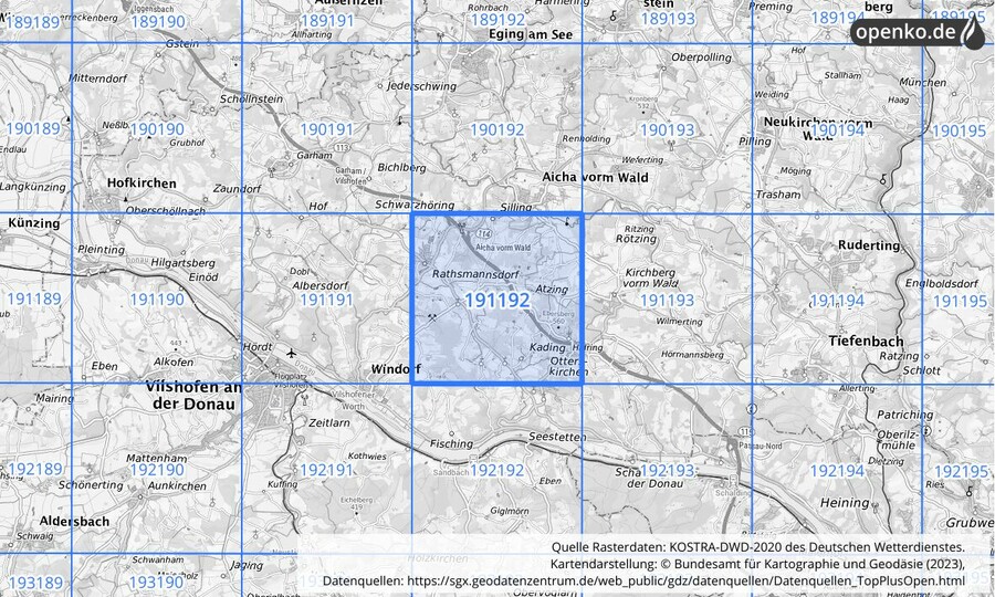 Übersichtskarte des KOSTRA-DWD-2020-Rasterfeldes Nr. 191192