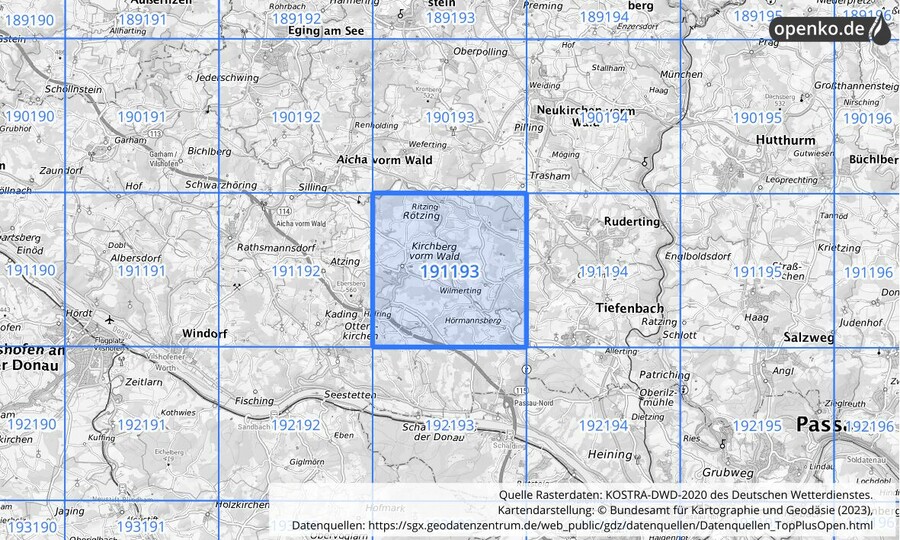 Übersichtskarte des KOSTRA-DWD-2020-Rasterfeldes Nr. 191193