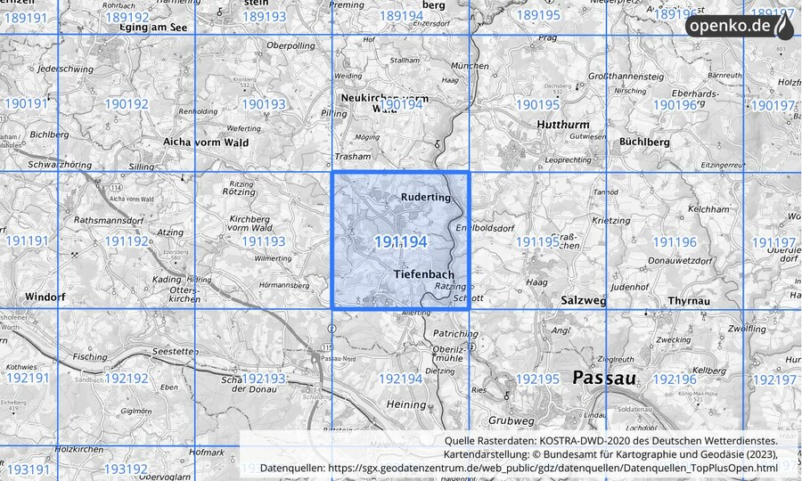 Übersichtskarte des KOSTRA-DWD-2020-Rasterfeldes Nr. 191194