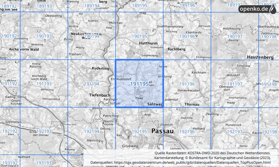 Übersichtskarte des KOSTRA-DWD-2020-Rasterfeldes Nr. 191195