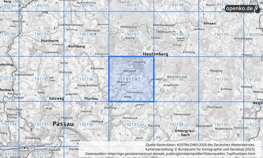 Übersichtskarte des KOSTRA-DWD-2020-Rasterfeldes Nr. 191197