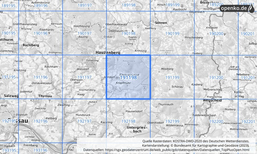 Übersichtskarte des KOSTRA-DWD-2020-Rasterfeldes Nr. 191198