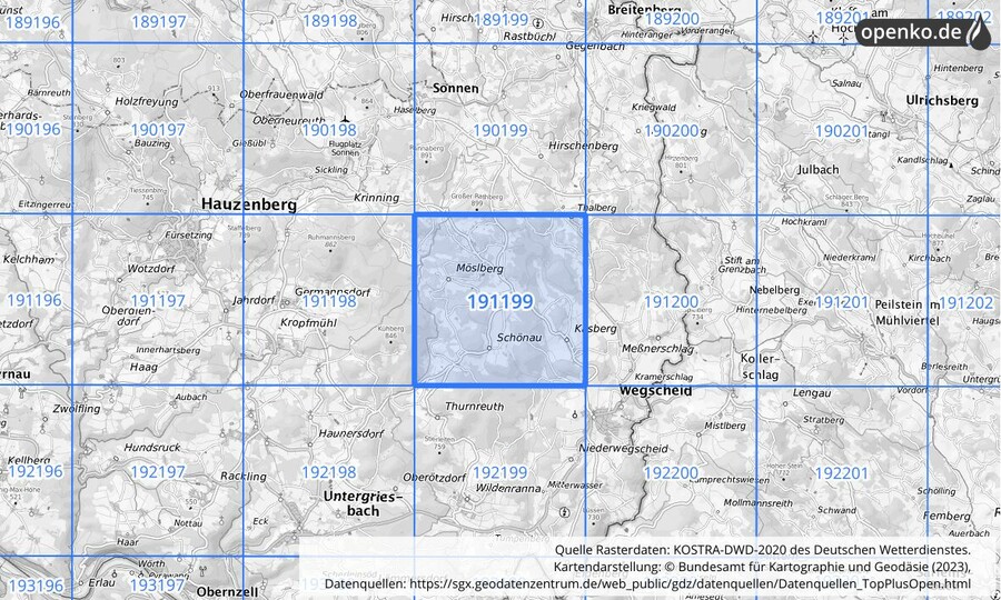 Übersichtskarte des KOSTRA-DWD-2020-Rasterfeldes Nr. 191199
