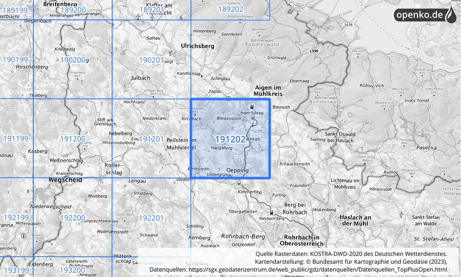 Übersichtskarte des KOSTRA-DWD-2020-Rasterfeldes Nr. 191202