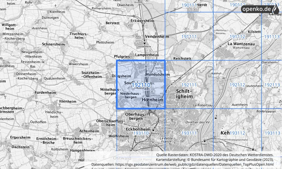 Übersichtskarte des KOSTRA-DWD-2020-Rasterfeldes Nr. 192110