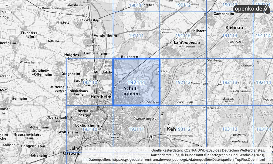 Übersichtskarte des KOSTRA-DWD-2020-Rasterfeldes Nr. 192111