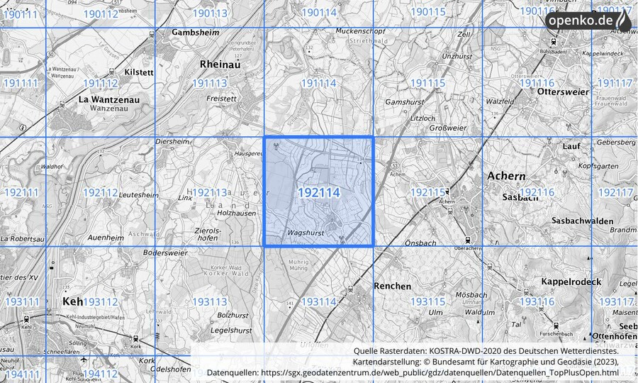 Übersichtskarte des KOSTRA-DWD-2020-Rasterfeldes Nr. 192114