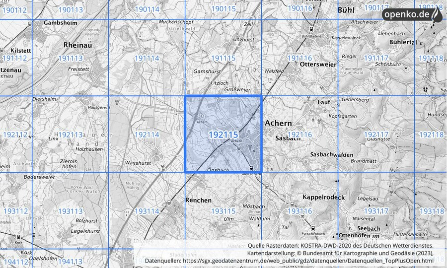 Übersichtskarte des KOSTRA-DWD-2020-Rasterfeldes Nr. 192115