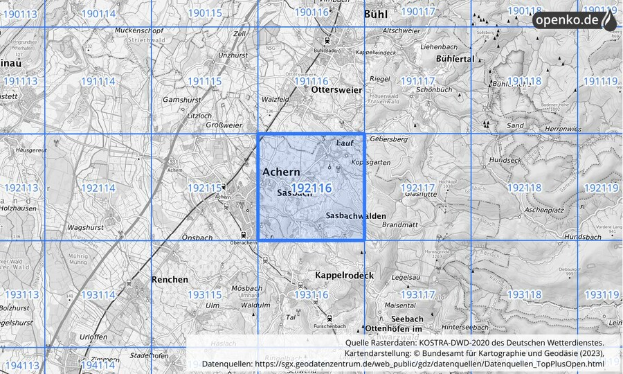 Übersichtskarte des KOSTRA-DWD-2020-Rasterfeldes Nr. 192116