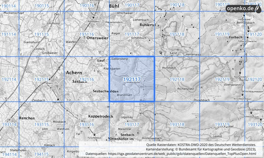 Übersichtskarte des KOSTRA-DWD-2020-Rasterfeldes Nr. 192117