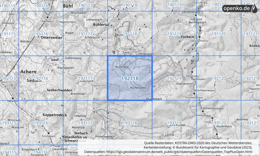 Übersichtskarte des KOSTRA-DWD-2020-Rasterfeldes Nr. 192118