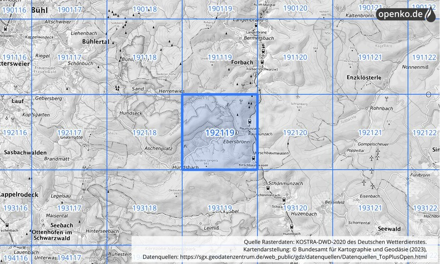 Übersichtskarte des KOSTRA-DWD-2020-Rasterfeldes Nr. 192119