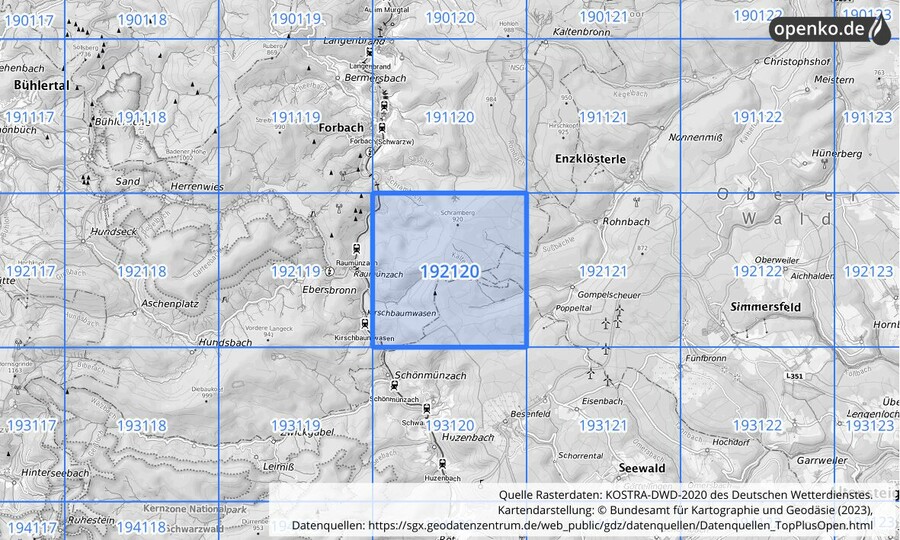 Übersichtskarte des KOSTRA-DWD-2020-Rasterfeldes Nr. 192120