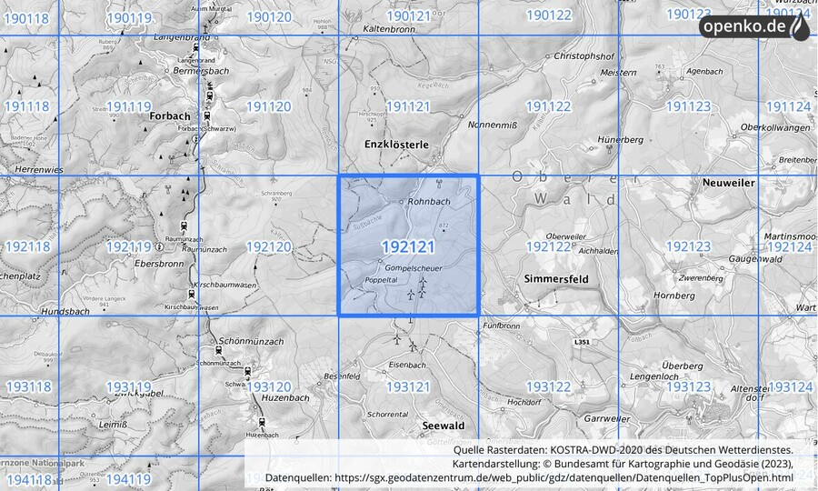 Übersichtskarte des KOSTRA-DWD-2020-Rasterfeldes Nr. 192121