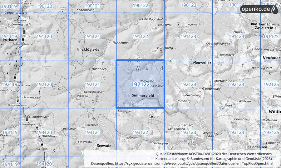 Übersichtskarte des KOSTRA-DWD-2020-Rasterfeldes Nr. 192122