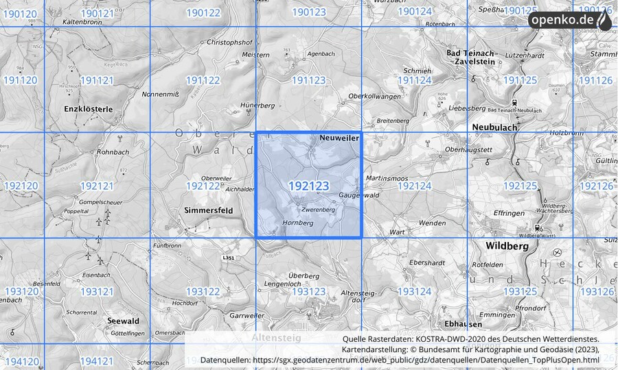 Übersichtskarte des KOSTRA-DWD-2020-Rasterfeldes Nr. 192123