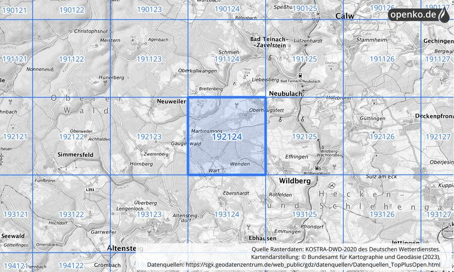 Übersichtskarte des KOSTRA-DWD-2020-Rasterfeldes Nr. 192124