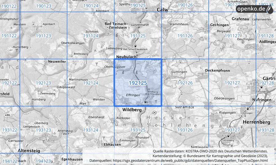 Übersichtskarte des KOSTRA-DWD-2020-Rasterfeldes Nr. 192125