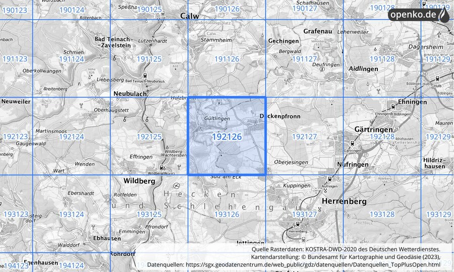 Übersichtskarte des KOSTRA-DWD-2020-Rasterfeldes Nr. 192126