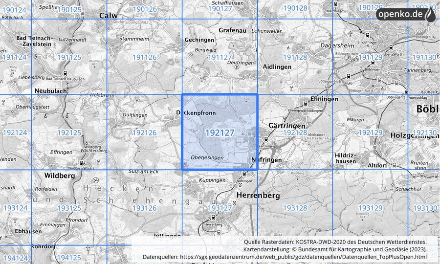 Übersichtskarte des KOSTRA-DWD-2020-Rasterfeldes Nr. 192127