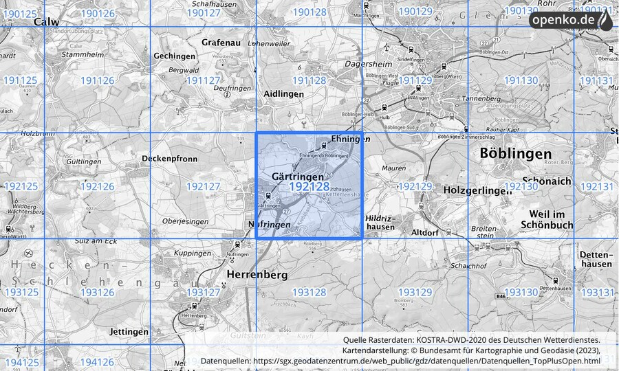 Übersichtskarte des KOSTRA-DWD-2020-Rasterfeldes Nr. 192128