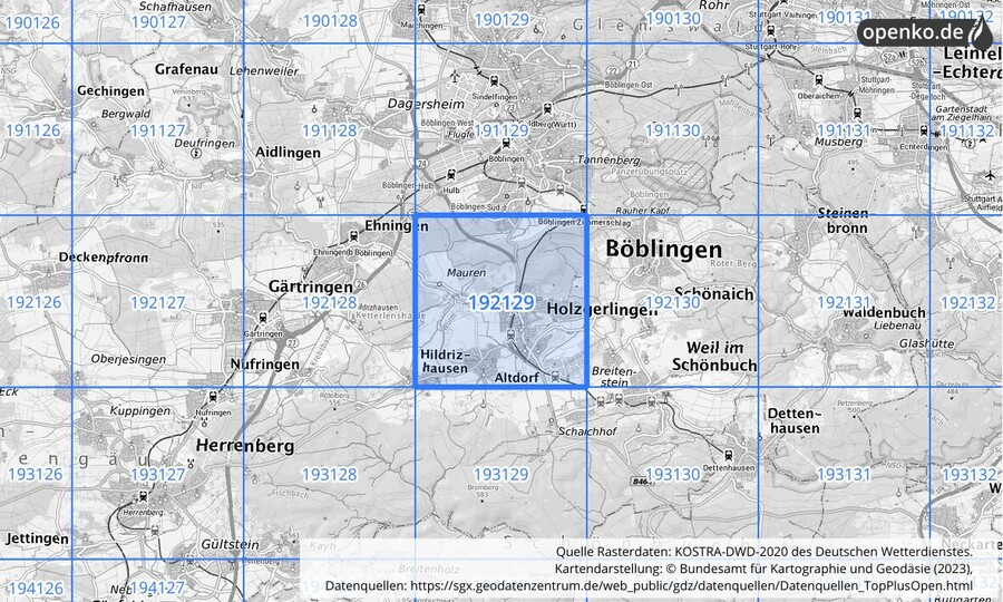 Übersichtskarte des KOSTRA-DWD-2020-Rasterfeldes Nr. 192129