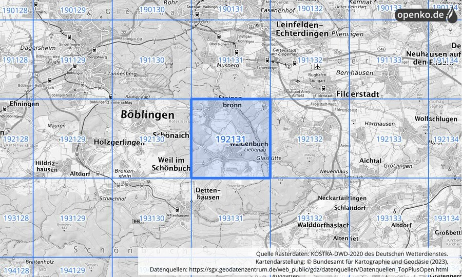 Übersichtskarte des KOSTRA-DWD-2020-Rasterfeldes Nr. 192131