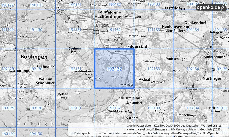 Übersichtskarte des KOSTRA-DWD-2020-Rasterfeldes Nr. 192132