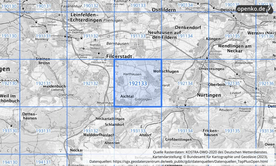 Übersichtskarte des KOSTRA-DWD-2020-Rasterfeldes Nr. 192133