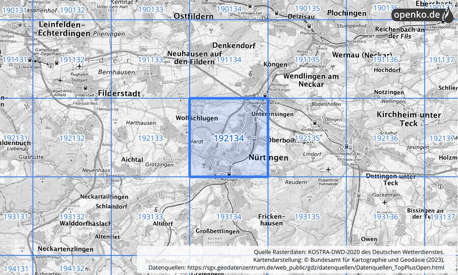 Übersichtskarte des KOSTRA-DWD-2020-Rasterfeldes Nr. 192134