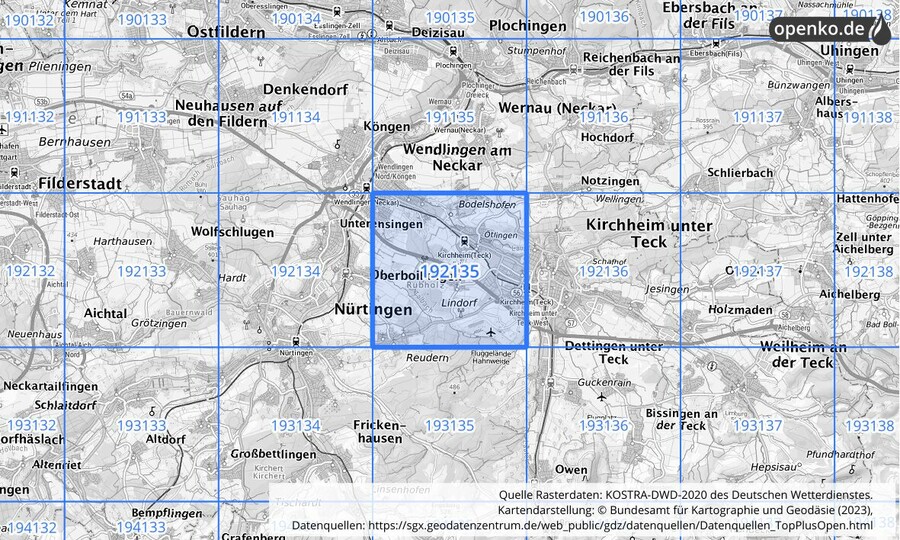 Übersichtskarte des KOSTRA-DWD-2020-Rasterfeldes Nr. 192135