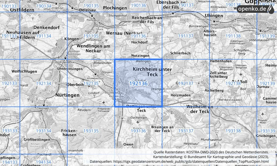 Übersichtskarte des KOSTRA-DWD-2020-Rasterfeldes Nr. 192136